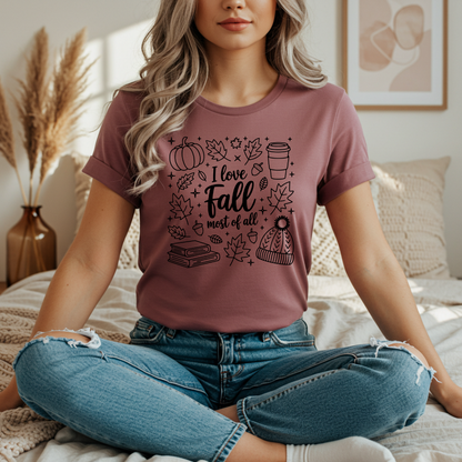 I Love Fall Short Sleeve Tee, Autumn T-Shirt, Cozy Fall Apparel, Pumpkin Shirt, Seasonal Gift, Unisex Casual Wear