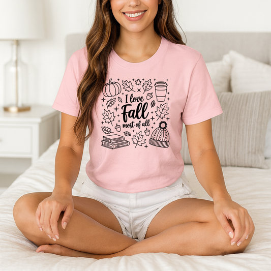 I Love Fall Short Sleeve Tee, Autumn T-Shirt, Cozy Fall Apparel, Pumpkin Shirt, Seasonal Gift, Unisex Casual Wear