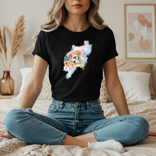 Gothic Floral Skull T-Shirt Vintage Boho Skull Watercolor Goth Graphic Tee Floral Skull Tee