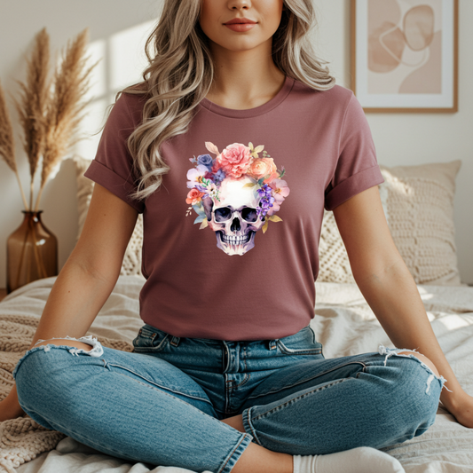 Gothic Purple Floral Skull Tee Vintage Boho T-Shirt
