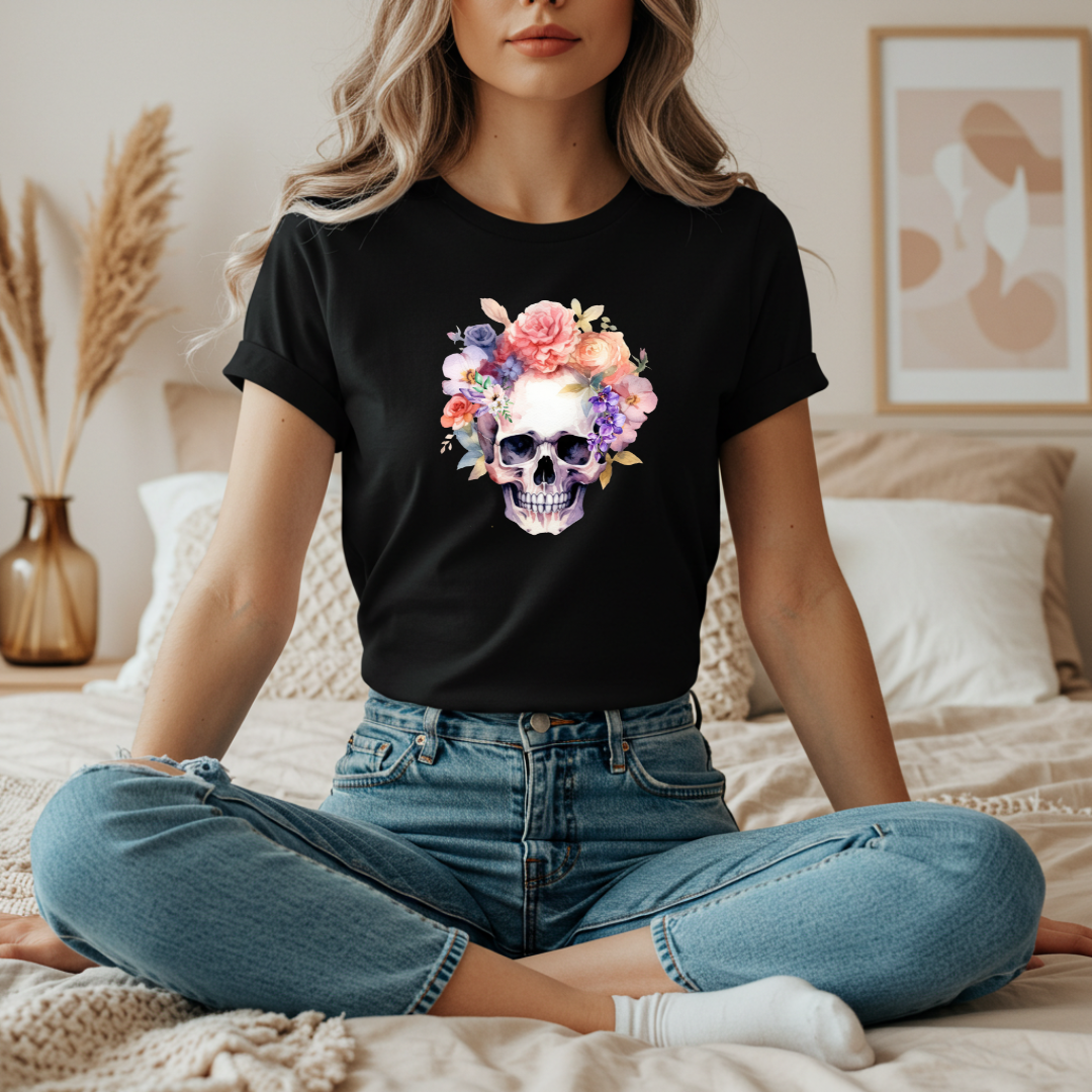 Gothic Purple Floral Skull Tee Vintage Boho T-Shirt