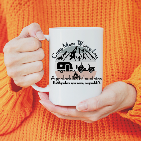 Appalachian Mountains Cryptid Camping Mug 11oz 15oz Adventure Camping Mug, Great for Outdoor Lovers, Funny Camping Gift, RV and Travel Mugs, Nature Enthusiast Gift