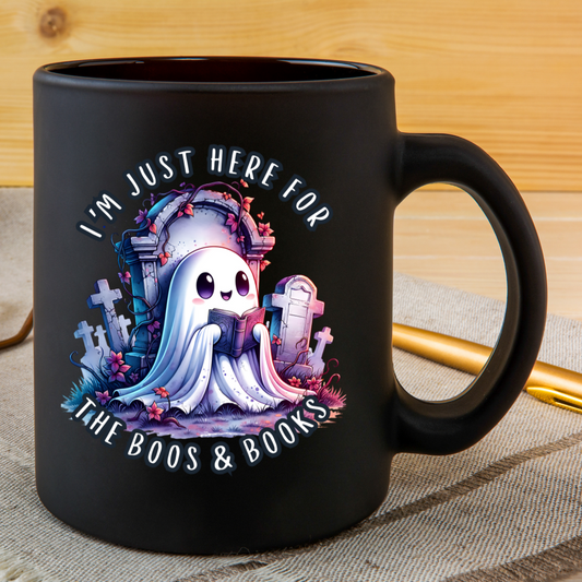 Cute Ghost Mug I'm Just Here for the Boos and Books Cemetery Ghost Mug Black 15 oz, Spooky Coffee Cup, Perfect Gift for Book Lovers, Ghost Lovers, and Halloween Enthusiasts
