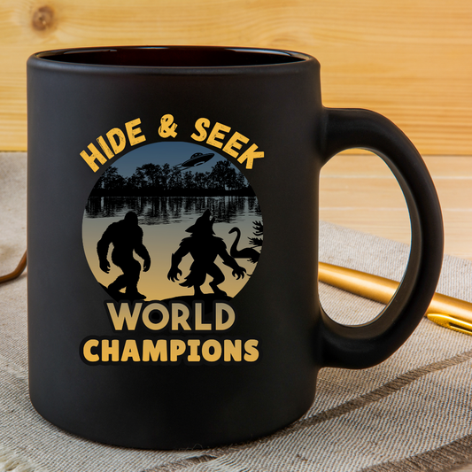 Bigfoot Dogman Werewolf Mothman UFO Hide and Seek World Champion 15oz Black Mug Unique Coffee Cup Playful Home Decor