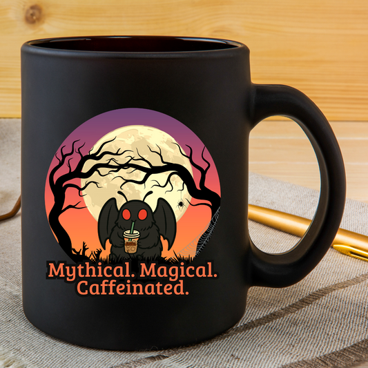 Cute Mothman Mythical Magical Caffeinated 15oz Black Mug Cryptid Halloween Gift Witchy Drinkware Spooky Kitchen Decor