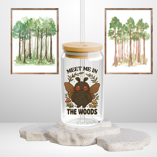 Mothman Meet Me in the Woods Sipper Glass 16oz Paranormal Cryptid Glass Tumbler