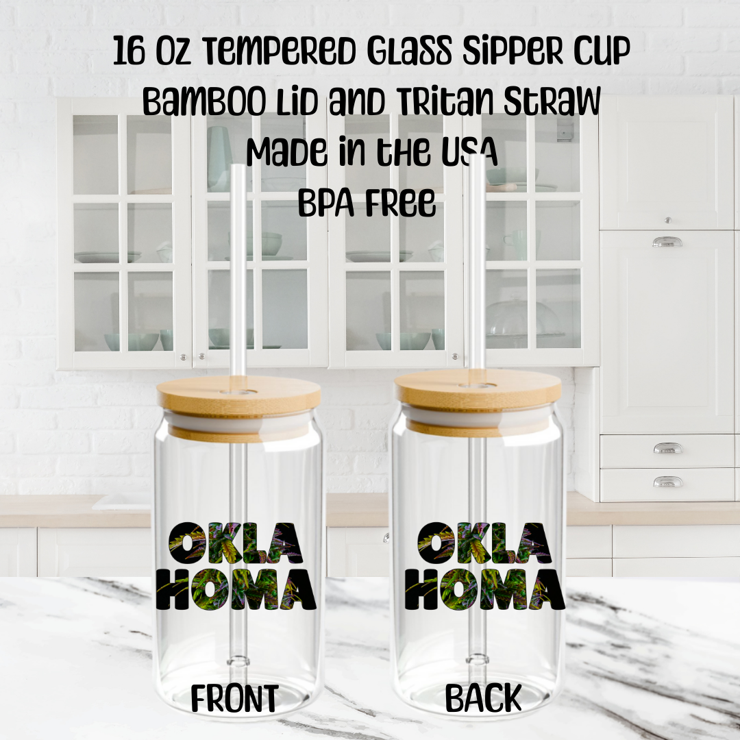 Oklahoma Cannabis Sipper Glass Tumbler Drinking Jar with Lid and Straw