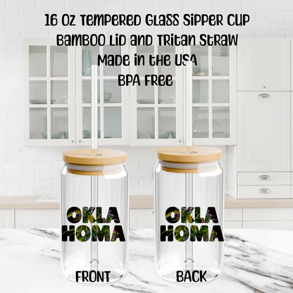 Oklahoma Cannabis Sipper Glass Tumbler Drinking Jar with Lid and Straw