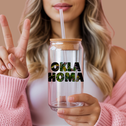 Oklahoma Cannabis Sipper Glass Tumbler Drinking Jar with Lid and Straw