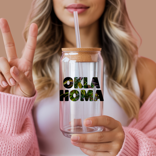 Oklahoma Cannabis Sipper Glass Tumbler Drinking Jar with Lid and Straw