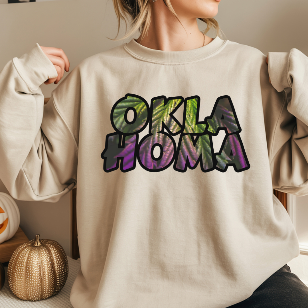 Oklahoma Cannabis Leaves Vibes Crewneck Sweatshirt, Comfortable Unisex Sweatshirt, Casual Style, Perfect for Fall, Great Gift Idea