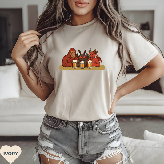 Bigfoot, Mothman and Jersey Devil Drinking Beer Comfort Colors T-Shirt