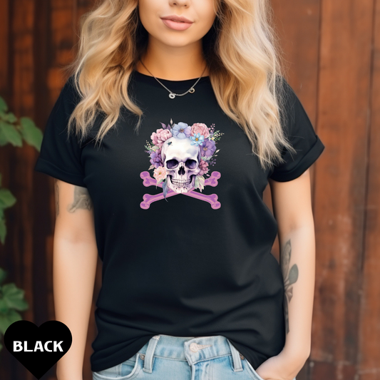 Gothic Floral Skull and Bones T-Shirt Vintage Boho Skull Watercolor Goth Graphic Tee Floral Skull Tee with Fly