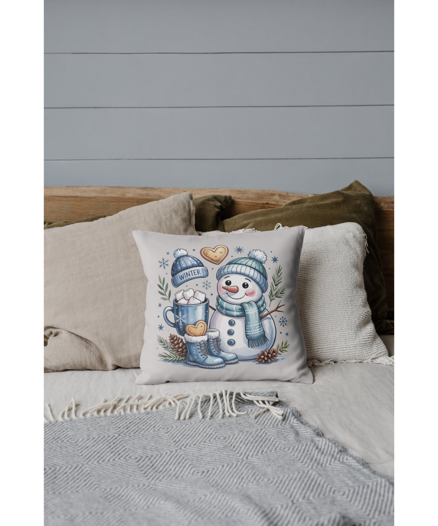 Winter Snowman Outdoor Pillow – Cute Snowman with Hot Cocoa & Cookies