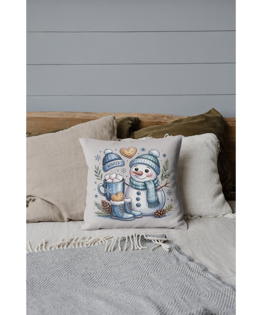 Winter Snowman Outdoor Pillow – Cute Snowman with Hot Cocoa & Cookies