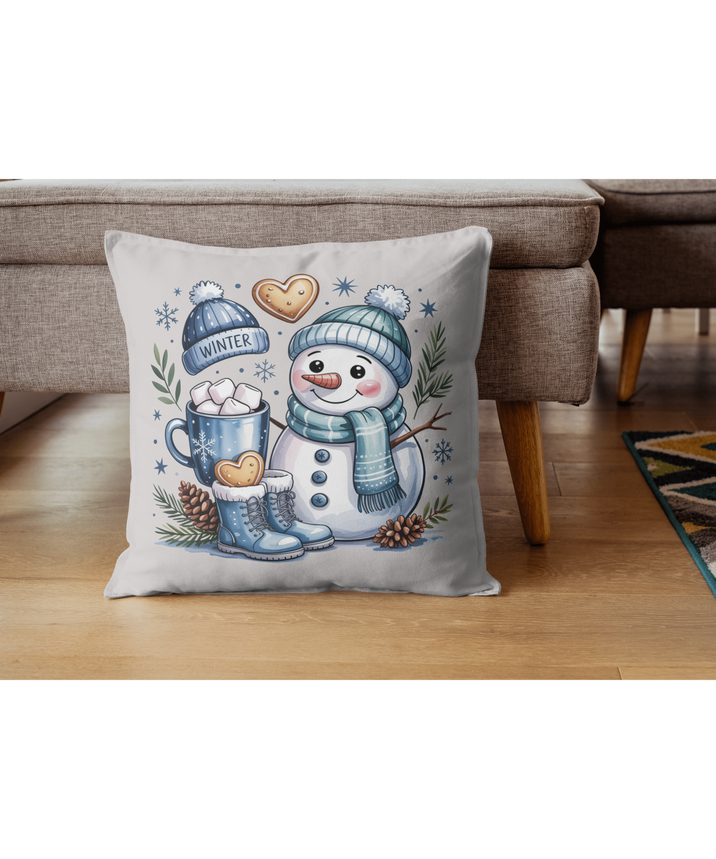 Winter Snowman Outdoor Pillow – Cute Snowman with Hot Cocoa & Cookies