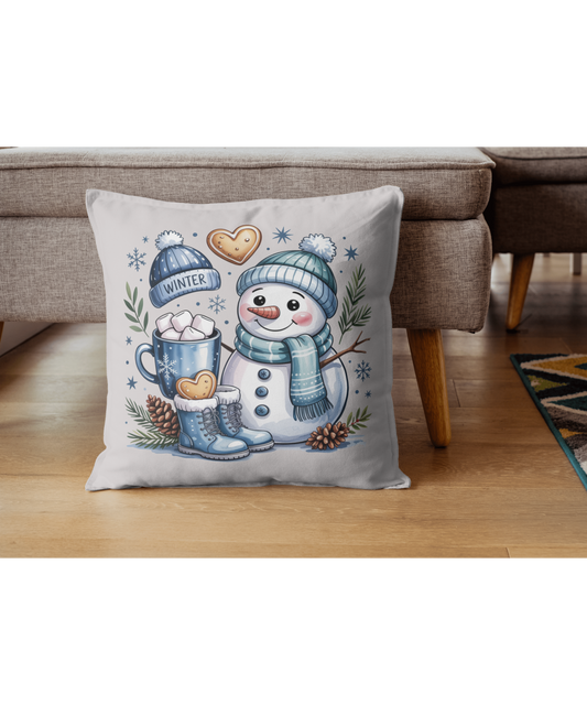 Winter Snowman Outdoor Pillow – Cute Snowman with Hot Cocoa & Cookies