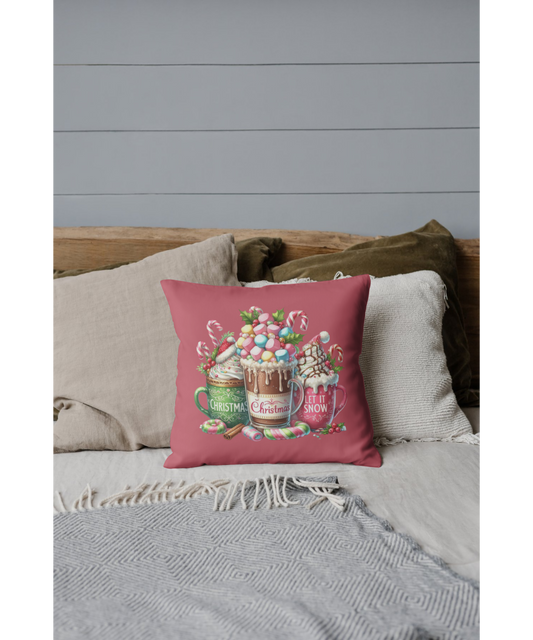 Christmas Hot Cocoa Indoor - Outdoor Pillow — "Let It Snow" Festive Mug Trio