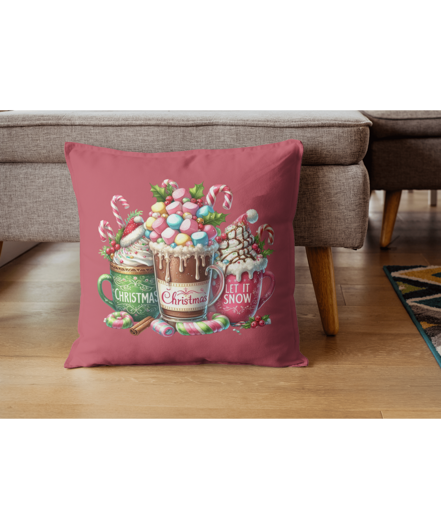 Christmas Hot Cocoa Indoor - Outdoor Pillow — "Let It Snow" Festive Mug Trio