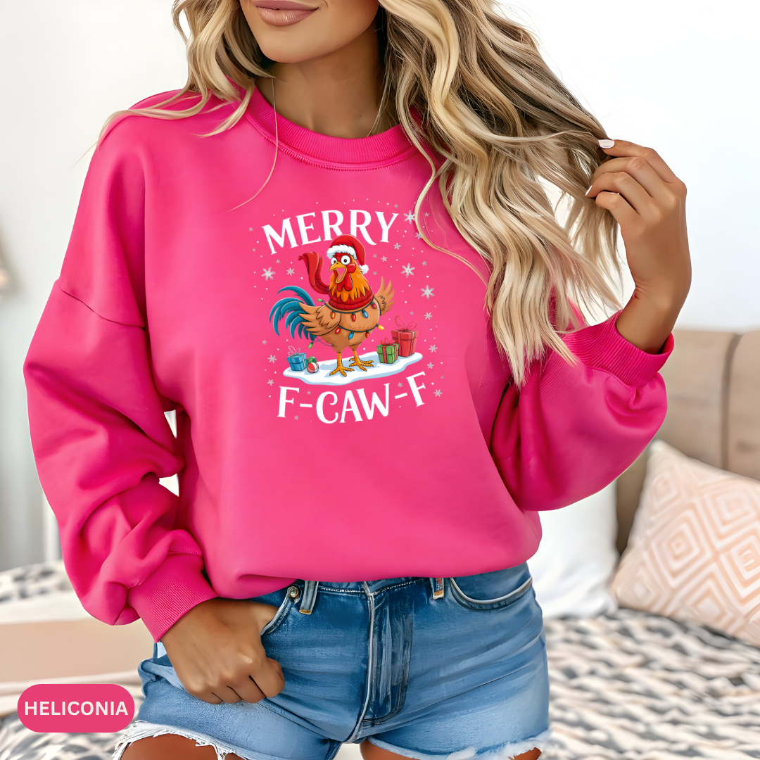 Christmas Rooster Sweatshirt - "Merry F‑Caw‑F" Funny Holiday Pullover