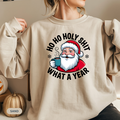 Holiday Sweatshirt — "Ho Ho Holy Shit, What a Year" Santa Crewneck