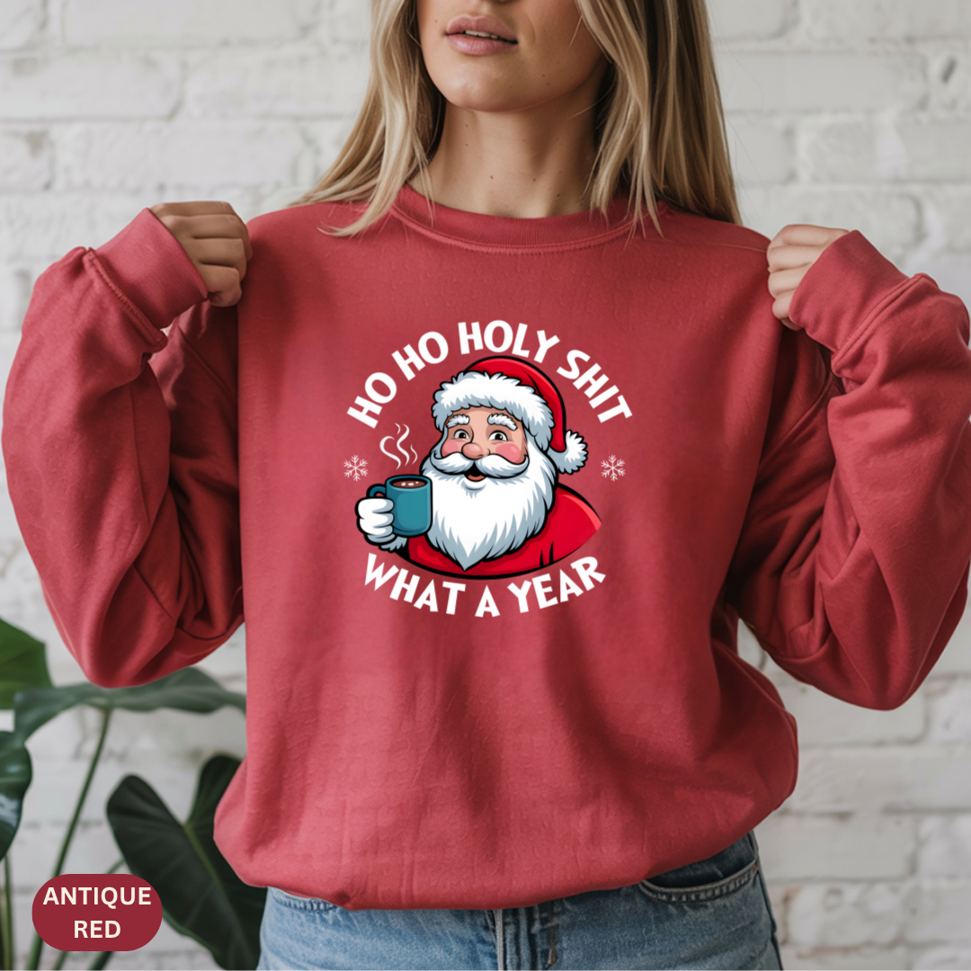 Holiday Sweatshirt — "Ho Ho Holy Shit, What a Year" Santa Crewneck