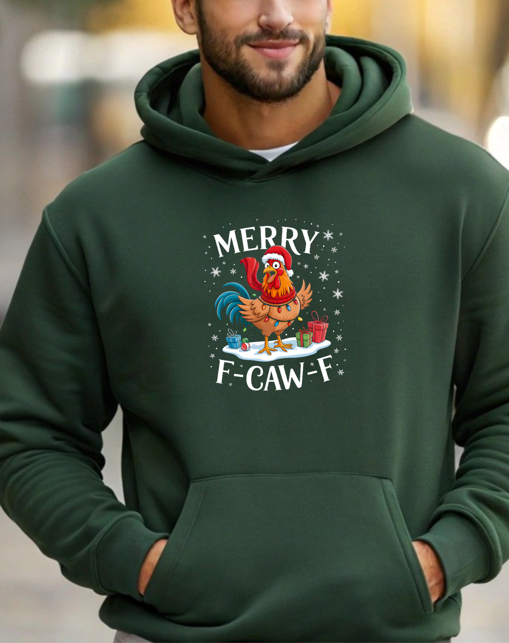 Rooster 'Merry F‑Caw‑F' Christmas Hoodie