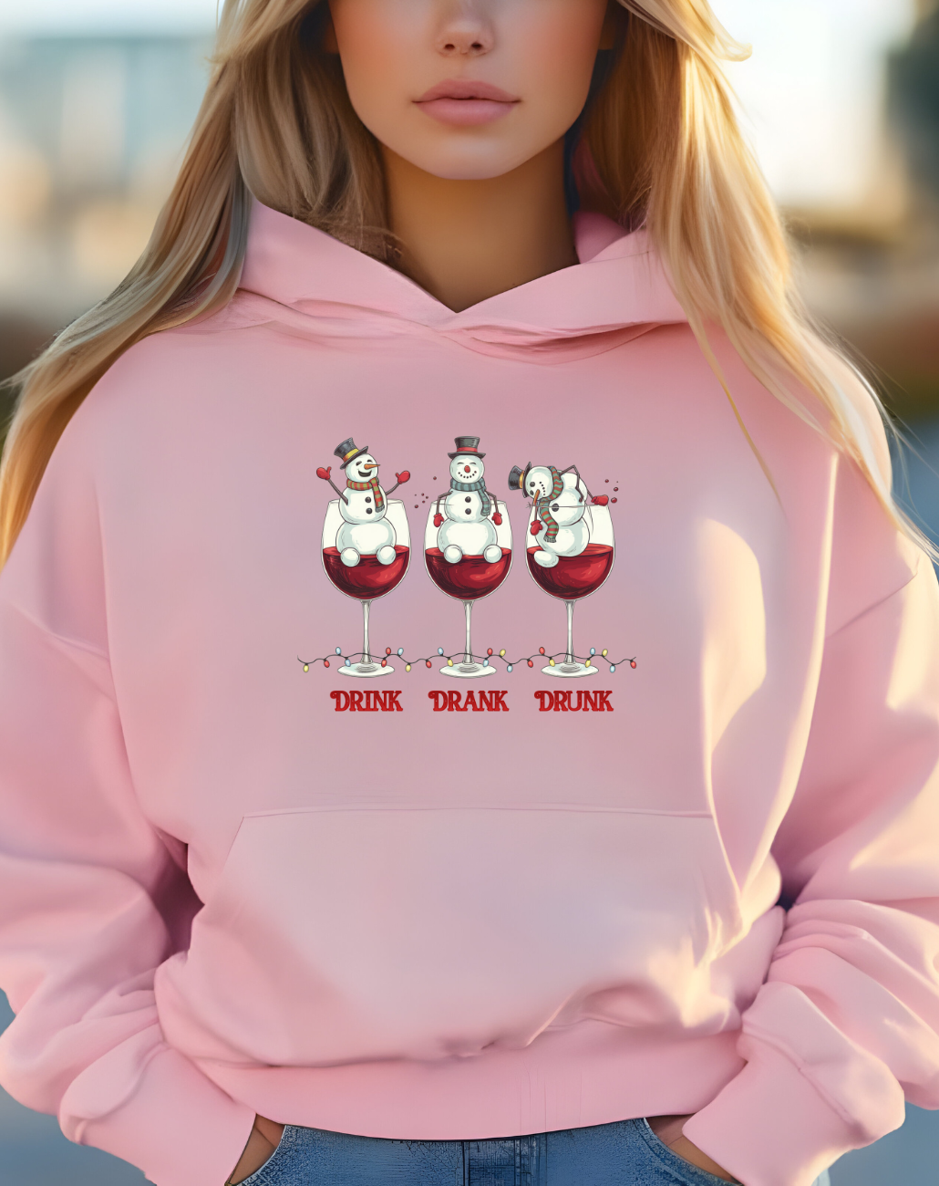 Wine Snowmen Hoodie - "Drink, Drank, Drunk" Holiday Sweatshirt