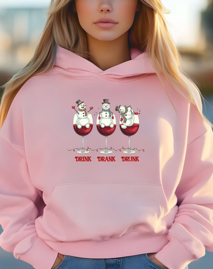 Wine Snowmen Hoodie - "Drink, Drank, Drunk" Holiday Sweatshirt