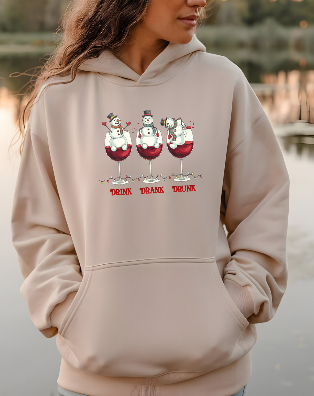 Wine Snowmen Hoodie - "Drink, Drank, Drunk" Holiday Sweatshirt