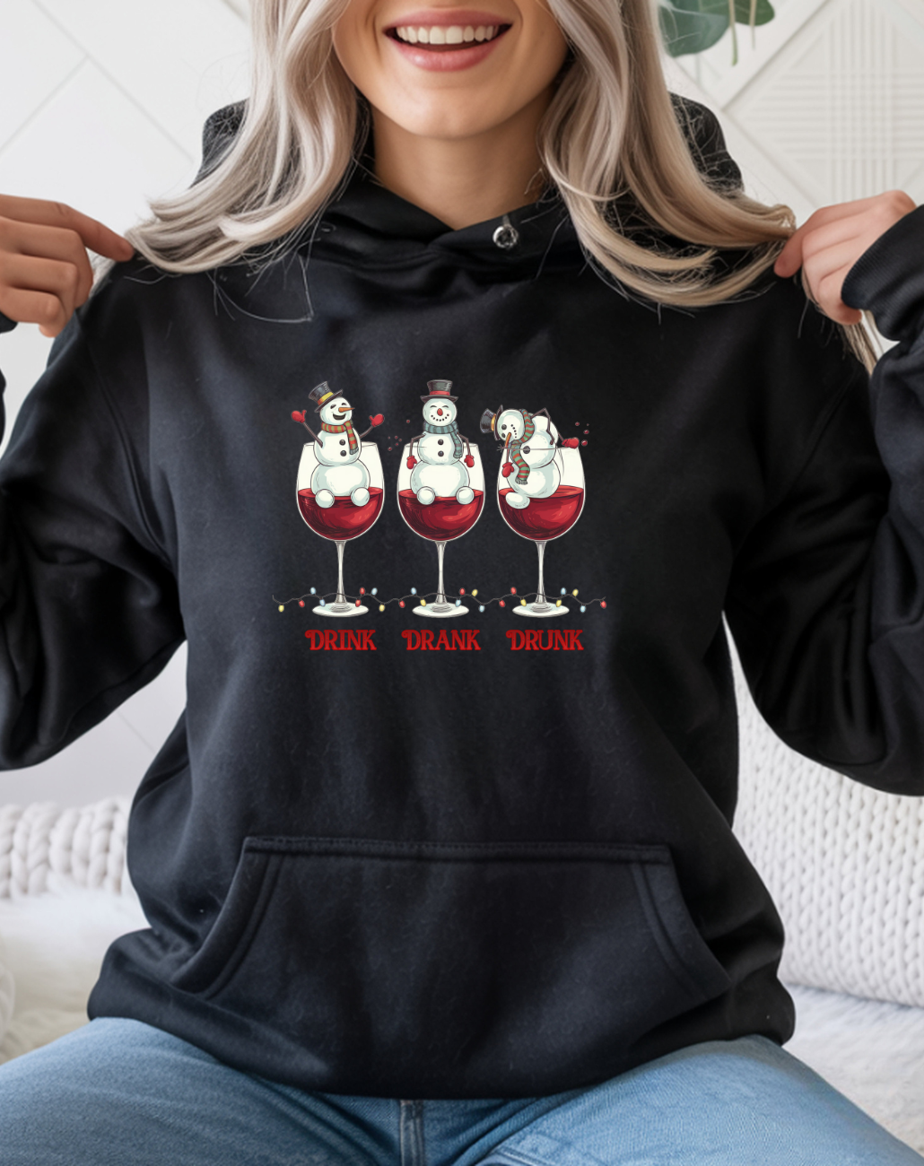 Wine Snowmen Hoodie - "Drink, Drank, Drunk" Holiday Sweatshirt