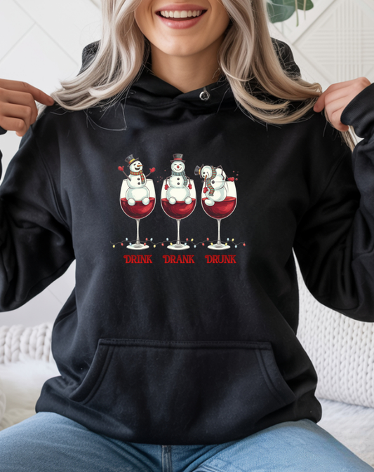 Snowman Wine Hoodie - Drink Drank Drunk Cozy Funny Holiday Hoodie