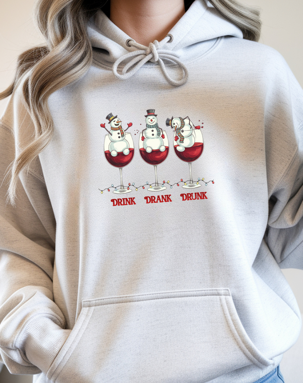Wine Snowmen Hoodie - "Drink, Drank, Drunk" Holiday Sweatshirt