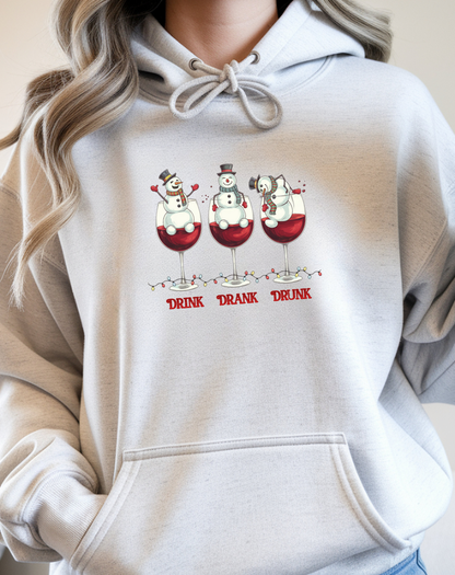 Wine Snowmen Hoodie - "Drink, Drank, Drunk" Holiday Sweatshirt
