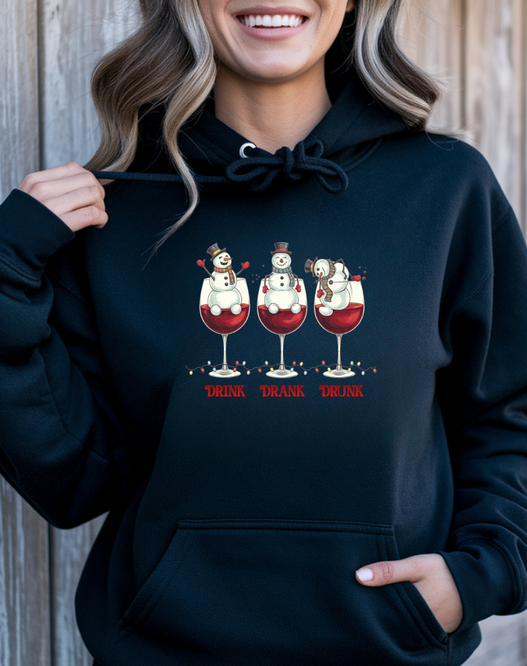 Wine Snowmen Hoodie - "Drink, Drank, Drunk" Holiday Sweatshirt