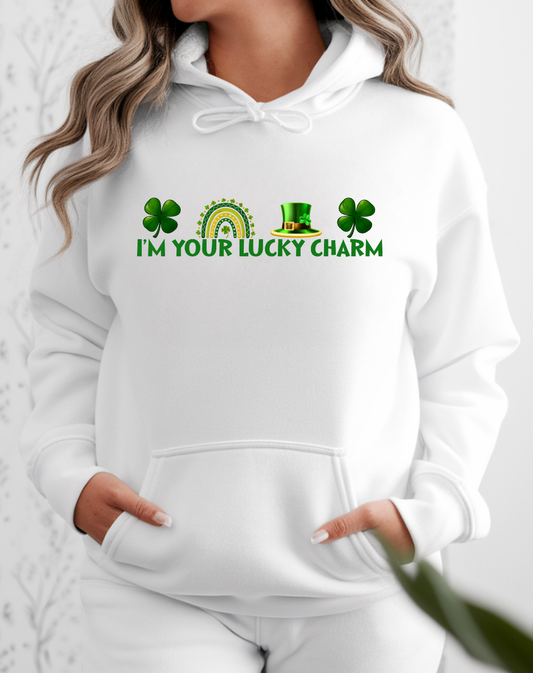 St. Patrick’s Hoodie – “I’m Your Lucky Charm” Shamrock & Leprechaun Hat Sweatshirt
