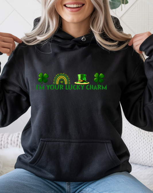 St. Patrick’s Hoodie – “I’m Your Lucky Charm” Shamrock & Leprechaun Hat Sweatshirt