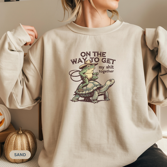 On the Way to Get My Sh*t Together Frog and Turtle Graphic Crewneck Sweatshirt