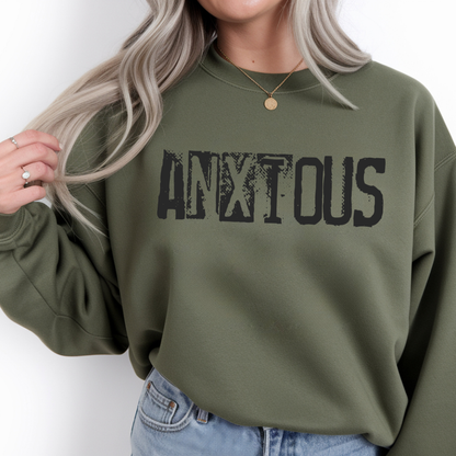 Anxious Graphic Sweatshirt — Distressed Text Crewneck for Anxious Vibes