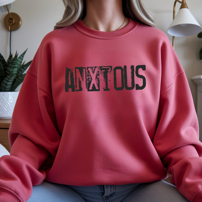 Anxious Graphic Sweatshirt — Distressed Text Crewneck for Anxious Vibes