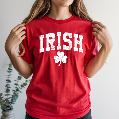 Irish Shamrock T-Shirt — Vintage Green 'IRISH' College Tee for St. Patrick's Day