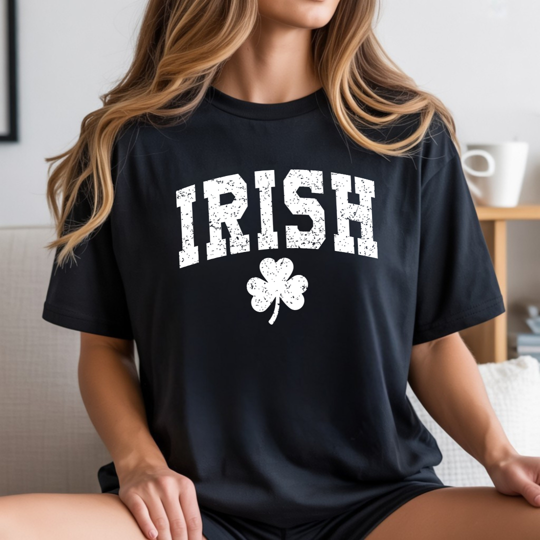 Irish Shamrock T-Shirt — Vintage Green 'IRISH' College Tee for St. Patrick's Day
