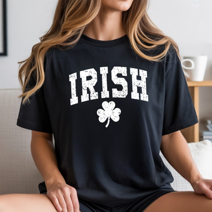 Irish Shamrock T-Shirt — Vintage Green 'IRISH' College Tee for St. Patrick's Day