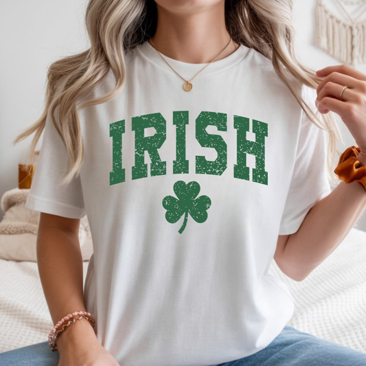 Irish Shamrock T-Shirt — Vintage Green 'IRISH' College Tee for St. Patrick's Day