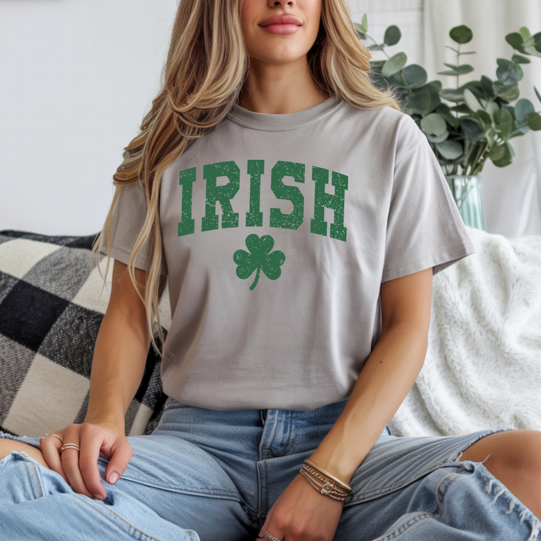 Irish Shamrock T-Shirt — Vintage Green 'IRISH' College Tee for St. Patrick's Day