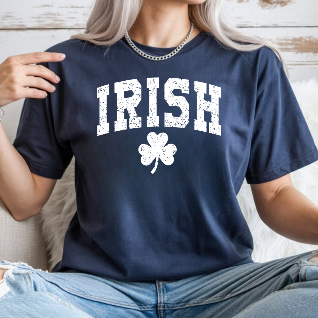 Irish Shamrock T-Shirt — Vintage Green 'IRISH' College Tee for St. Patrick's Day