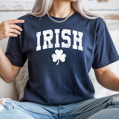 Irish Shamrock T-Shirt — Vintage Green 'IRISH' College Tee for St. Patrick's Day