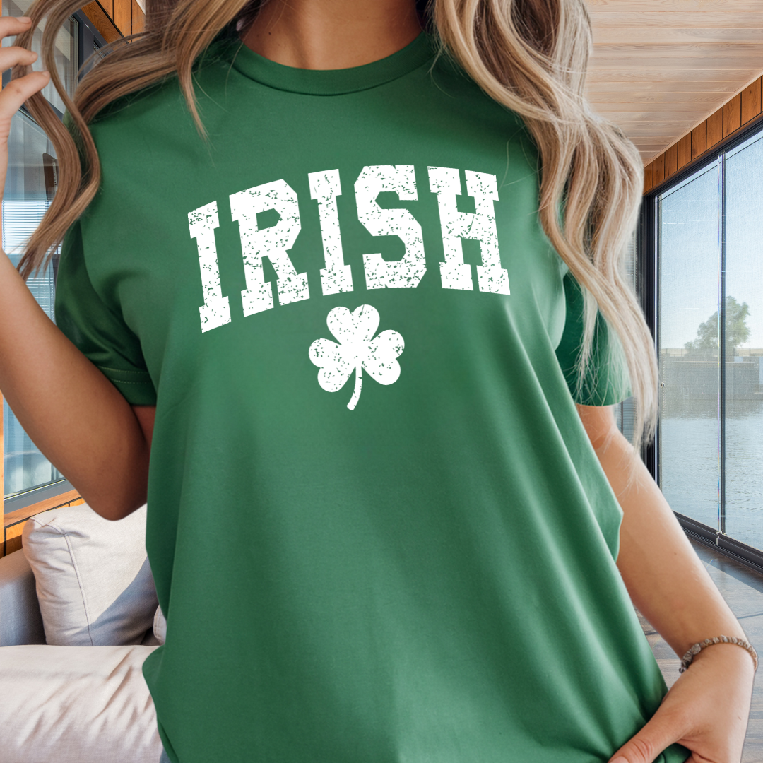 Irish Shamrock T-Shirt — Vintage Green 'IRISH' College Tee for St. Patrick's Day