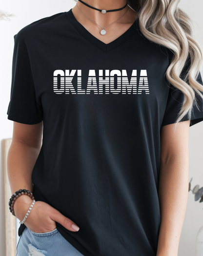 Oklahoma Striped Retro V-Neck Tee — State Pride Graphic Shirt
