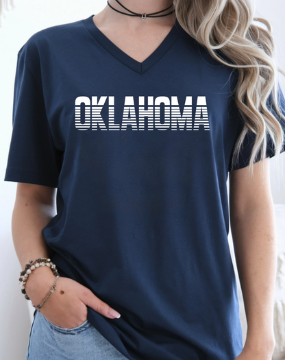 Oklahoma Striped Retro V-Neck Tee — State Pride Graphic Shirt